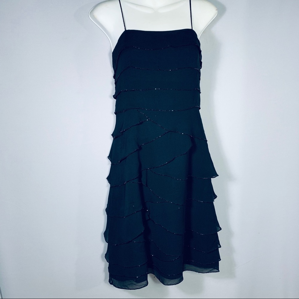 Black Silk Chiffon Tiered & Beaded Cocktail Dress